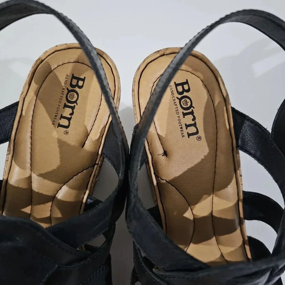 Born Bernese Cage Cork Wedge Sandal Womens 10 Black Leather Summer Platform - Picture 8 of 13